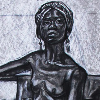 A drawing of a nude woman wearing a headscarf